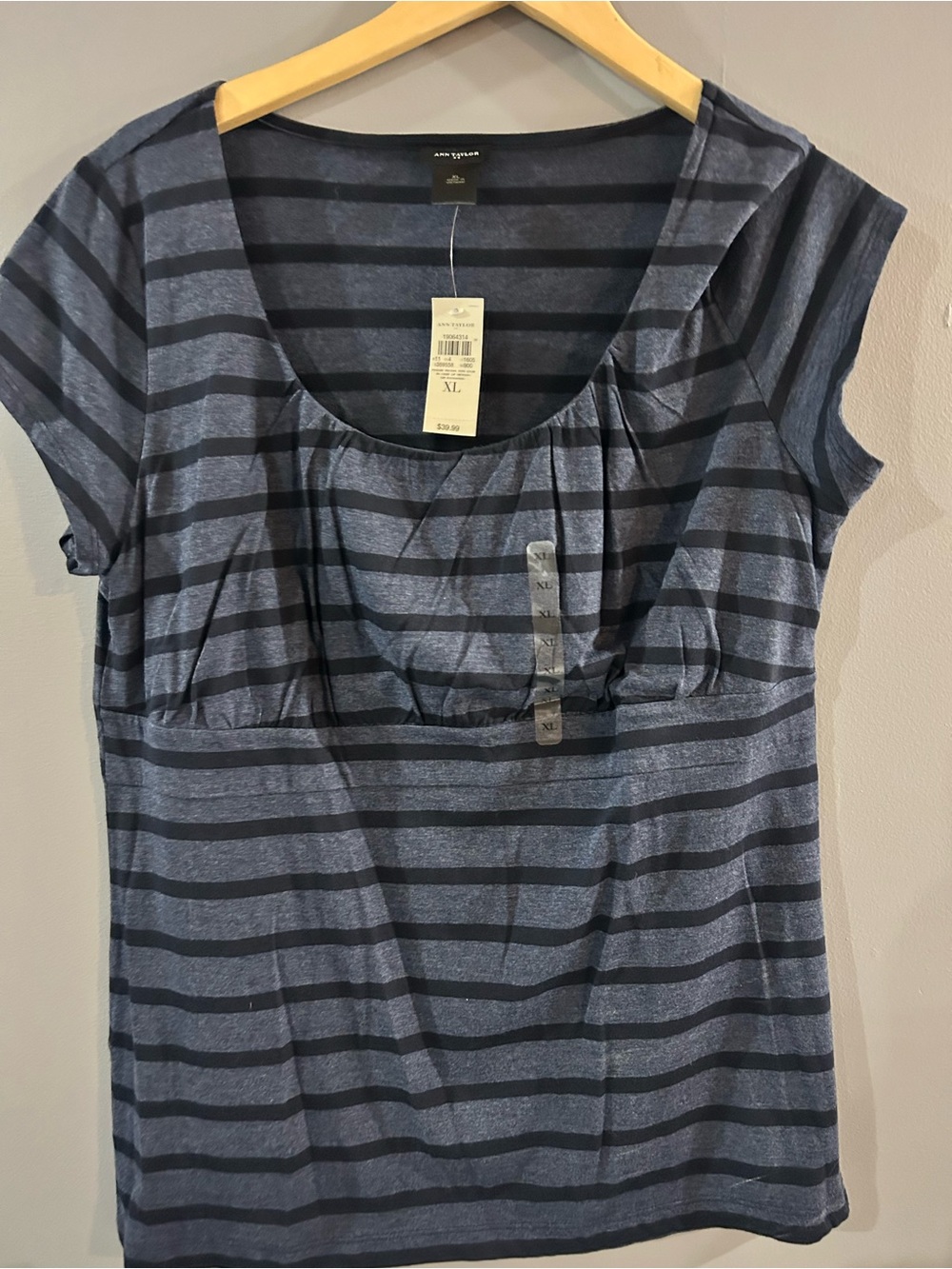 Ann Taylor Navy and Dark Blue Striped Short-Sleeve Top